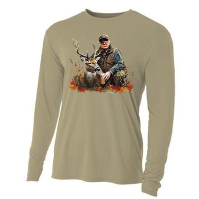 Retro Trump Hunting Deer Funny Reindeer Drinking Beer Cooling Performance Long Sleeve Crew