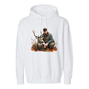 Retro Trump Hunting Deer Funny Reindeer Drinking Beer Garment-Dyed Fleece Hoodie