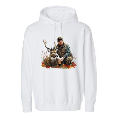 Retro Trump Hunting Deer Funny Reindeer Drinking Beer Garment-Dyed Fleece Hoodie