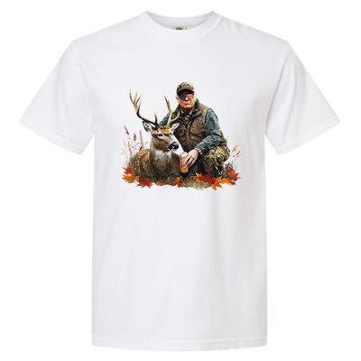 Retro Trump Hunting Deer Funny Reindeer Drinking Beer Garment-Dyed Heavyweight T-Shirt