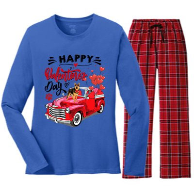 Red Truck Happy Valentines Day Ger Shepherd Hearts Cool Gift Women's Long Sleeve Flannel Pajama Set 