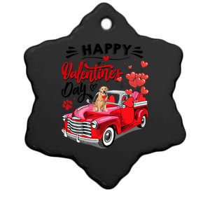 Red Truck Happy Valentines Day Golden Retriever Hearts Gift Ceramic Star Ornament