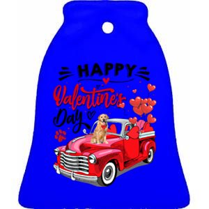 Red Truck Happy Valentines Day Golden Retriever Hearts Gift Ceramic Bell Ornament