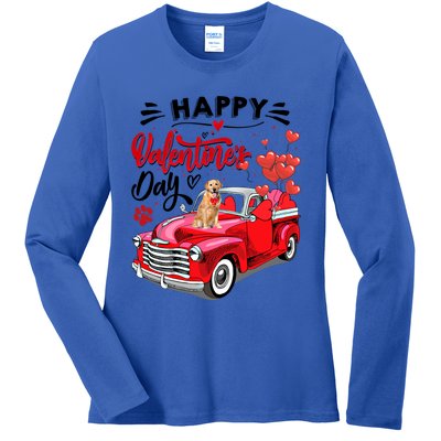 Red Truck Happy Valentines Day Golden Retriever Hearts Gift Ladies Long Sleeve Shirt