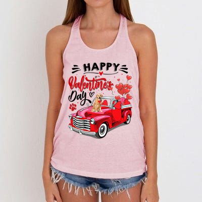 Red Truck Happy Valentines Day Golden Retriever Hearts Gift Women's Knotted Racerback Tank