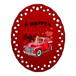 Red Truck Happy Valentines Day Golden Retriever Hearts Gift Ceramic Oval Ornament