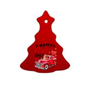 Red Truck Happy Valentines Day Golden Retriever Hearts Gift Ceramic Tree Ornament