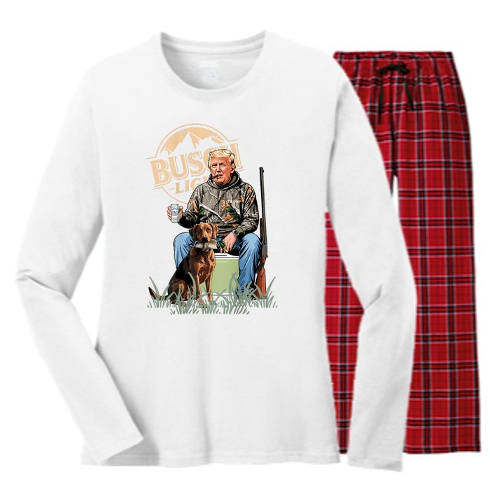 Retro Trump Hunting Deer Funny Beer Drinking Hunting On Back Women's Long Sleeve Flannel Pajama Set 