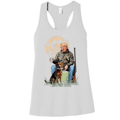 Retro Trump Hunting Deer Funny Beer Drinking Hunting On Back Women's Racerback Tank