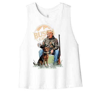 Retro Trump Hunting Deer Funny Beer Drinking Hunting On Back Women's Racerback Cropped Tank