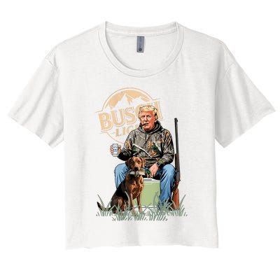 Retro Trump Hunting Deer Funny Beer Drinking Hunting On Back Women's Crop Top Tee