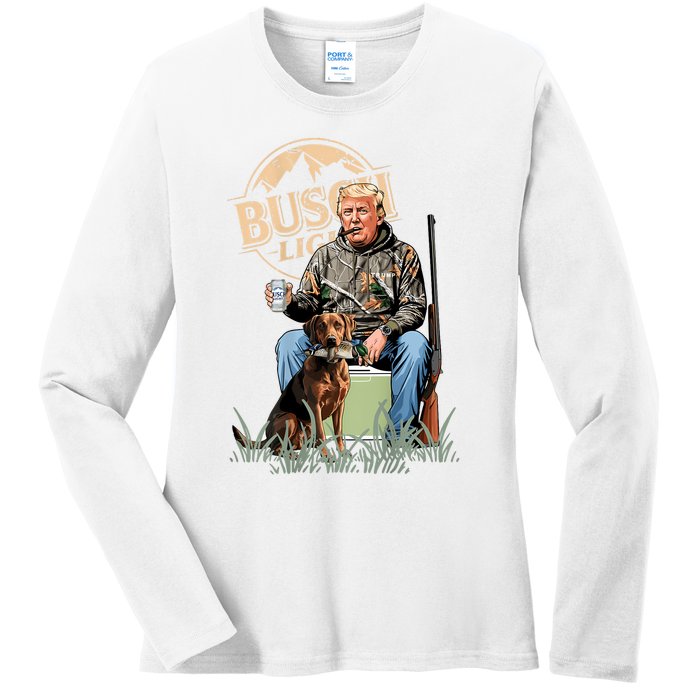 Retro Trump Hunting Deer Funny Beer Drinking Hunting On Back Ladies Long Sleeve Shirt