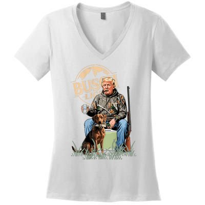 Retro Trump Hunting Deer Funny Beer Drinking Hunting On Back Women's V-Neck T-Shirt