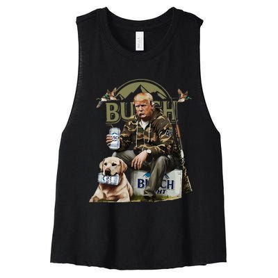 Retro Trump Hunting Deer Funny Beer Drinking Beer Hunting Women's Racerback Cropped Tank