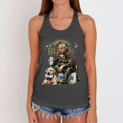 Retro Trump Hunting Deer Funny Beer Drinking Beer Hunting Women's Knotted Racerback Tank