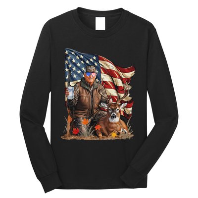 Retro Trump Hunting Deer Funny Beer Drinking Beer Hunting Long Sleeve Shirt