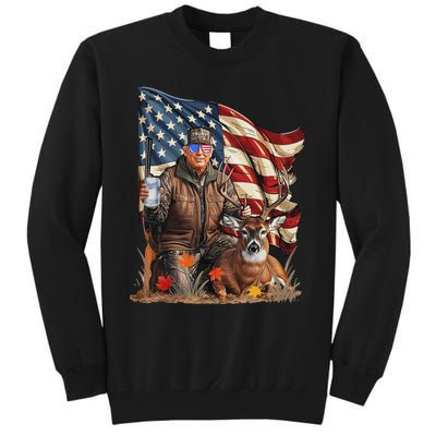 Retro Trump Hunting Deer Funny Beer Drinking Beer Hunting Tall Sweatshirt