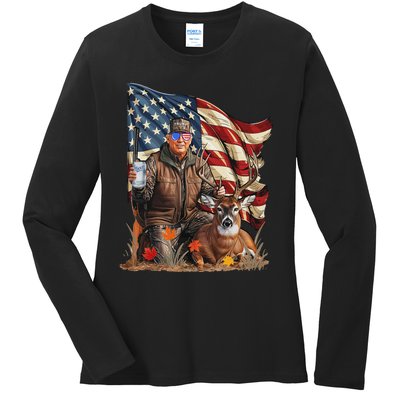 Retro Trump Hunting Deer Funny Beer Drinking Beer Hunting Ladies Long Sleeve Shirt