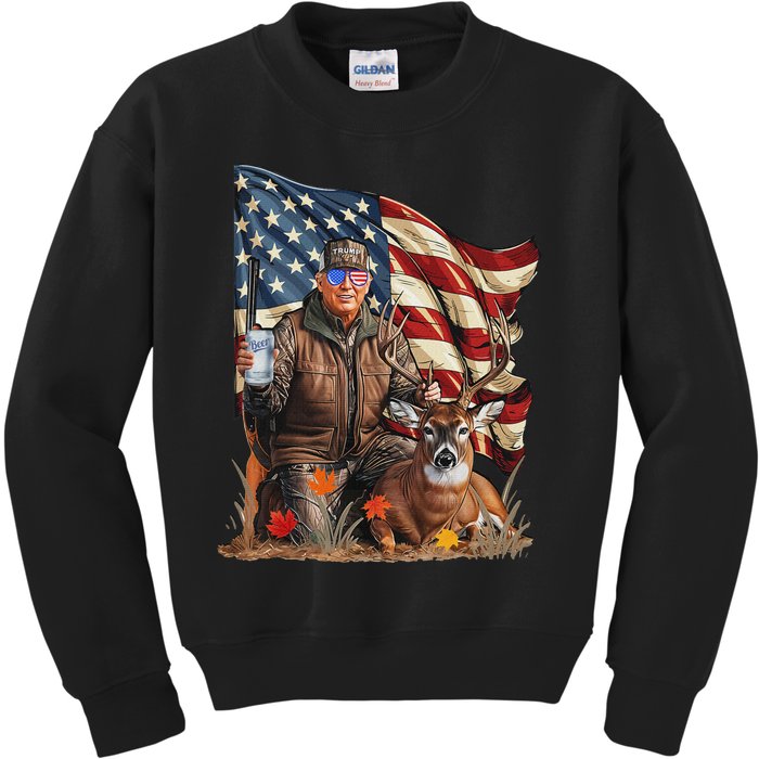 Retro Trump Hunting Deer Funny Beer Drinking Beer Hunting Kids Sweatshirt