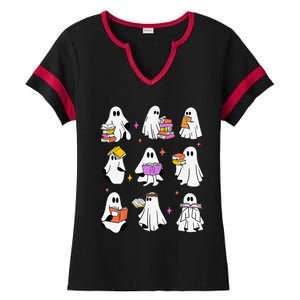 Retro Teacher Halloween Ghost Read More Books Teacher Ladies Halftime Notch Neck Tee