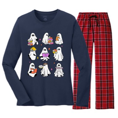 Retro Teacher Halloween Ghost Read More Books Teacher Women's Long Sleeve Flannel Pajama Set 