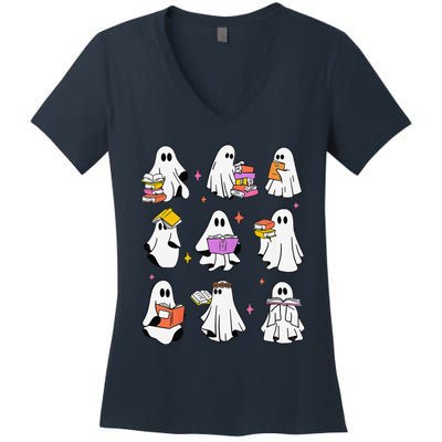 Retro Teacher Halloween Ghost Read More Books Teacher Women's V-Neck T-Shirt