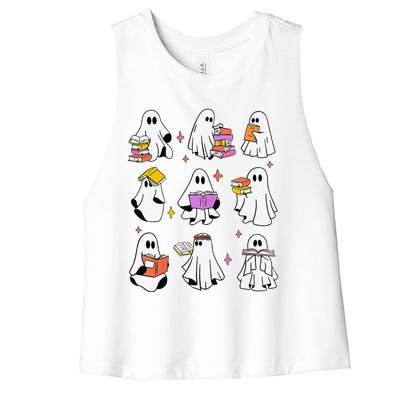 Retro Teacher Halloween Ghost Read More Books Teacher Women's Racerback Cropped Tank