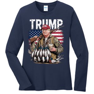 Retro Trump Hunting Duck Hello Hunting Season Us Flag Ladies Long Sleeve Shirt