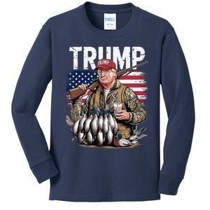 Retro Trump Hunting Duck Hello Hunting Season Us Flag Kids Long Sleeve Shirt