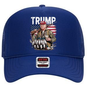 Retro Trump Hunting Duck Hello Hunting Season Us Flag High Crown Mesh Back Trucker Hat