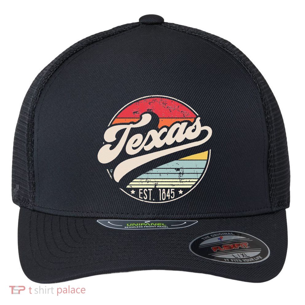 Retro Texas Home State TX Cool 70s Style Sunset Flexfit Unipanel Trucker Cap