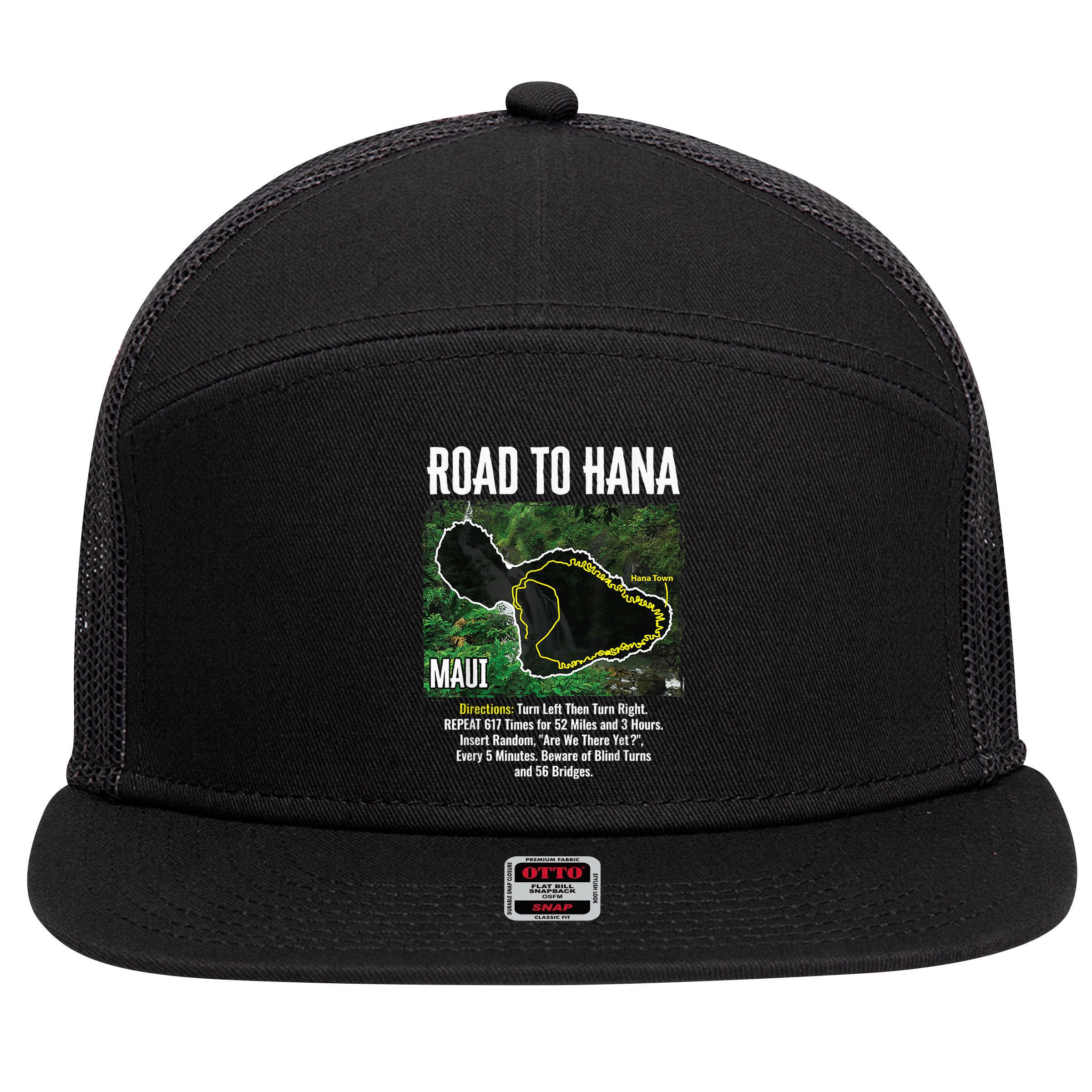 Road To Hana Map Maui Island Surfing Hawaiian Beach Summer 7 Panel Mesh Trucker Snapback Hat