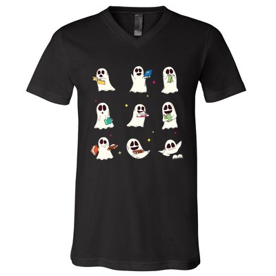 Retro Teacher Halloween Ghost Read More Books Teacher V-Neck T-Shirt