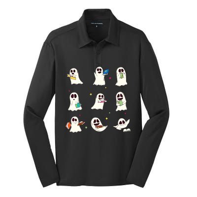 Retro Teacher Halloween Ghost Read More Books Teacher Silk Touch Performance Long Sleeve Polo