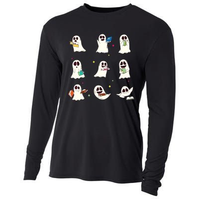 Retro Teacher Halloween Ghost Read More Books Teacher Cooling Performance Long Sleeve Crew