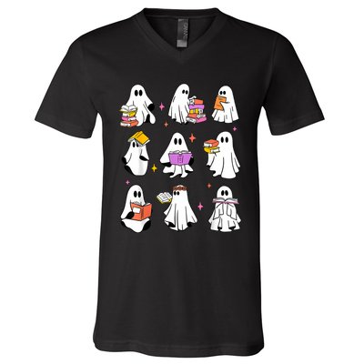 Retro Teacher Halloween Ghost Read More Books Teacher V-Neck T-Shirt