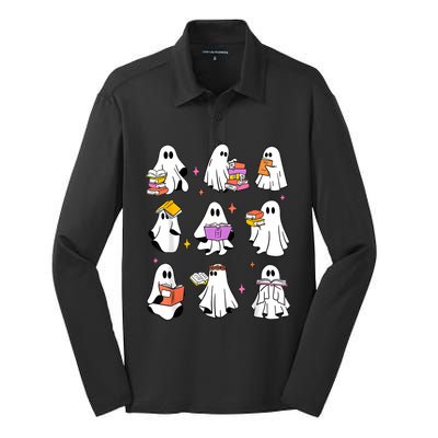 Retro Teacher Halloween Ghost Read More Books Teacher Silk Touch Performance Long Sleeve Polo