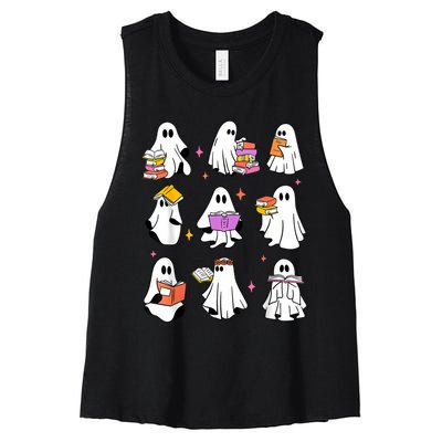 Retro Teacher Halloween Ghost Read More Books Teacher Women's Racerback Cropped Tank