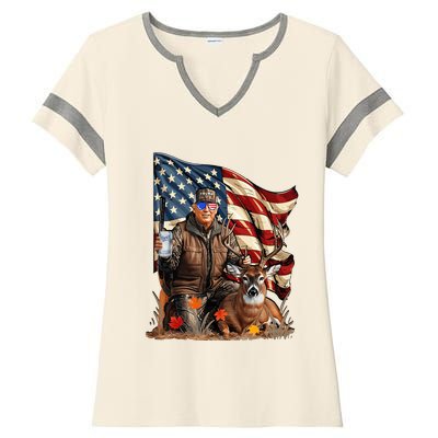 Retro Trump Hunting Deer Funny Beer Drinking Ladies Halftime Notch Neck Tee