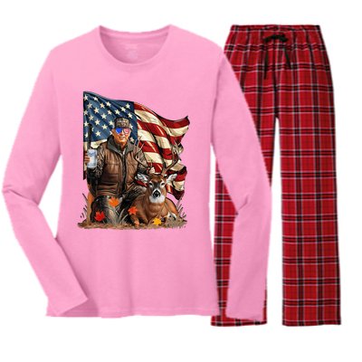 Retro Trump Hunting Deer Funny Beer Drinking Women's Long Sleeve Flannel Pajama Set 