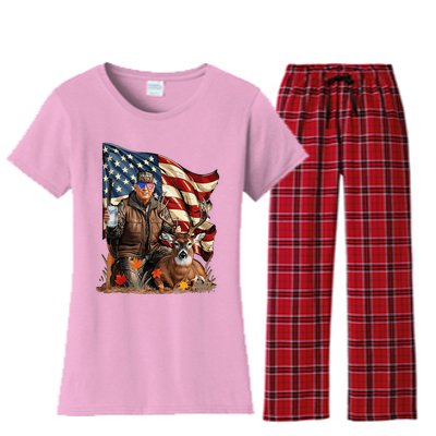 Retro Trump Hunting Deer Funny Beer Drinking Women's Flannel Pajama Set