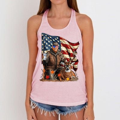 Retro Trump Hunting Deer Funny Beer Drinking Women's Knotted Racerback Tank