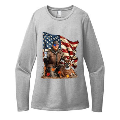 Retro Trump Hunting Deer Funny Beer Drinking Womens CVC Long Sleeve Shirt