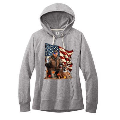 Retro Trump Hunting Deer Funny Beer Drinking Women's Fleece Hoodie