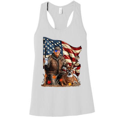 Retro Trump Hunting Deer Funny Beer Drinking Women's Racerback Tank