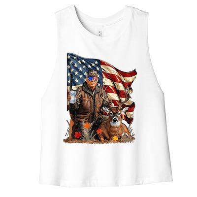 Retro Trump Hunting Deer Funny Beer Drinking Women's Racerback Cropped Tank