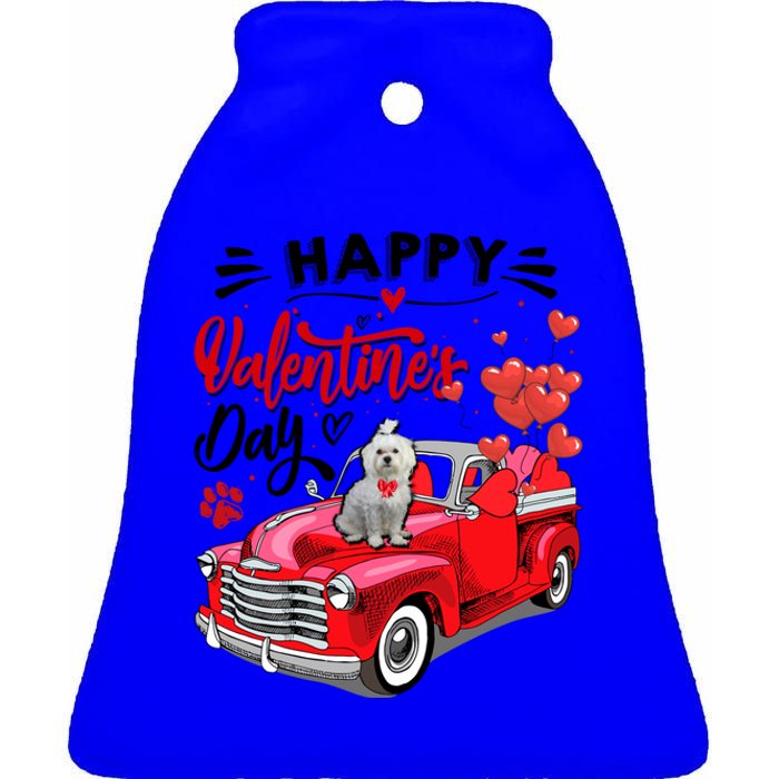 Red Truck Happy Valentines Day Maltese Hearts Dog Lover Meaningful Gift Ceramic Bell Ornament