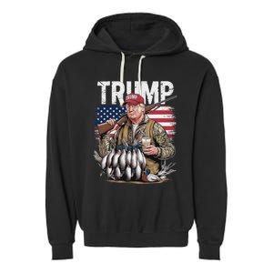 Retro Trump Hunting Duck Hello Hunting Camo Hunting Us Flag Garment-Dyed Fleece Hoodie