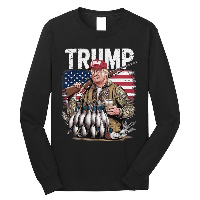 Retro Trump Hunting Duck Hello Hunting Camo Hunting Us Flag Long Sleeve Shirt