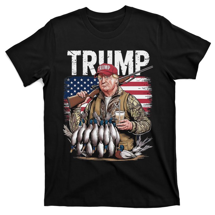 Retro Trump Hunting Duck Hello Hunting Camo Hunting Us Flag T-Shirt